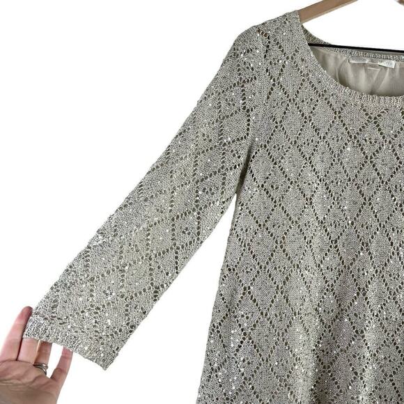 Boston Proper Sequin Embellished Open Knit Sweater Chiffon Lining in Cream, Sz M - Picture 6 of 11